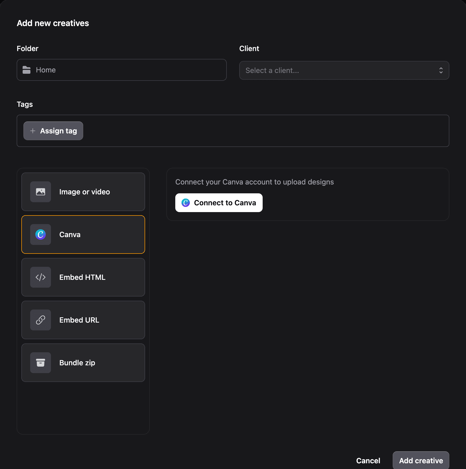 The Add new creatives dialog in Playboard with Canva selected and a Connect to Canva button