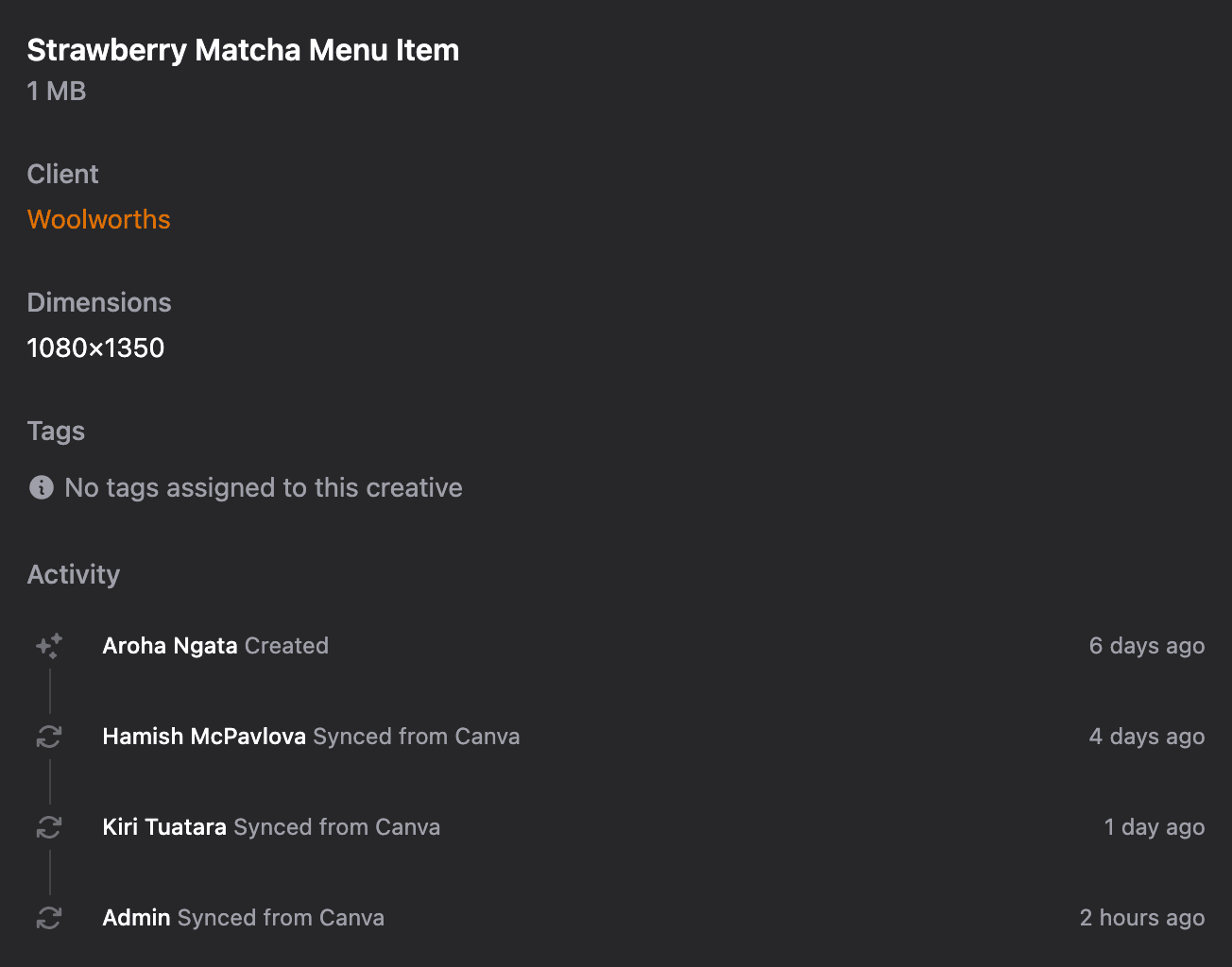 The activity history of a Canva creative in Playboard, showing who created it and who synced each update from Canva