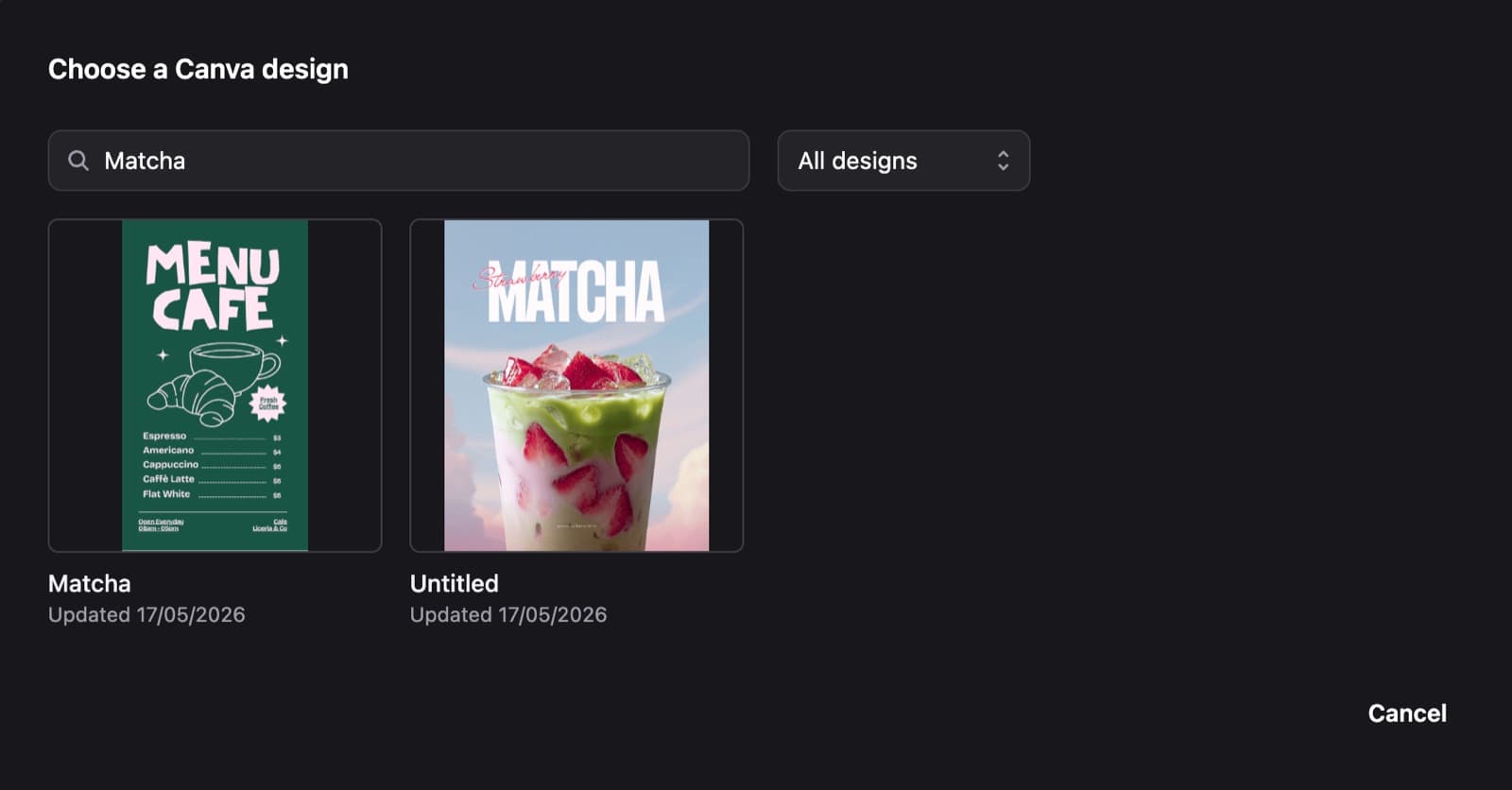 Choosing a Canva design to import into Playboard