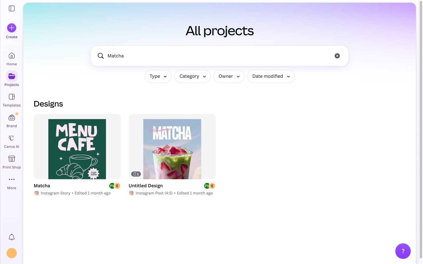 Browsing designs inside a Canva project