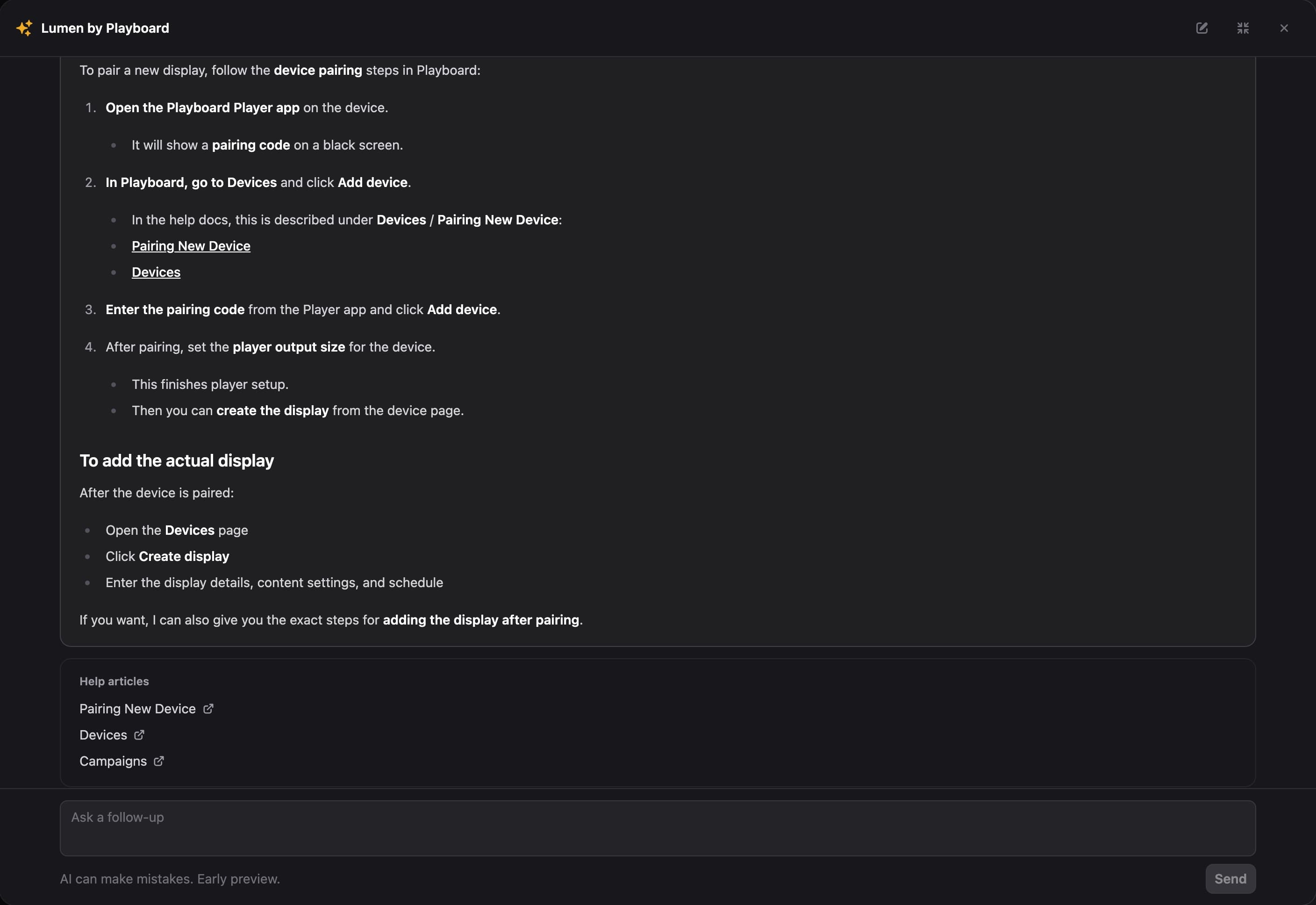 Lumen explaining how to pair a new display, with links to help articles